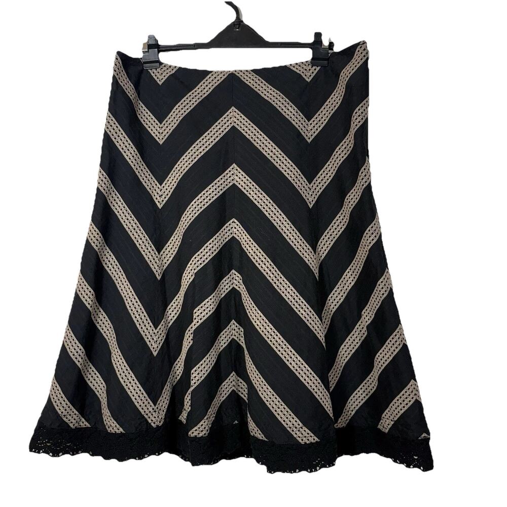 Ann Taylor Black Tan Chevron A-line Lined Cotton Side Zip Skirt Sz 6 Lace Trim